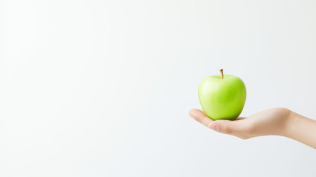 a hand holding a bright green apple against a white background AI generatedの素材