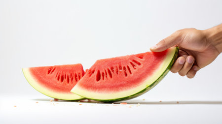 a hand holding a juicy slice of watermelon, with seeds and juice scattered on white table AI generatedの素材