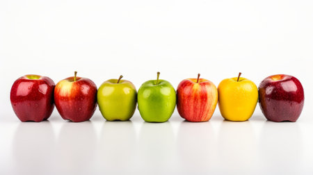 Seven colorful apples in a row against a white background AI generatedの素材