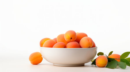 a bowl of fresh, ripe apricots with a branch and leaves, highlighting the fruitâs vibrant orange hue against a white background. AI generatedの素材