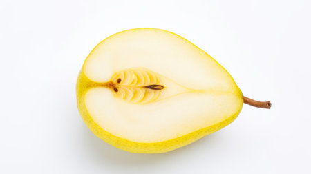 a close-up of a halved pear, highlighting its juicy texture, yellow skin, and seed core against a white background AI generatedの素材
