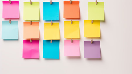 a vibrant array of colorful sticky notes, neatly arranged and pinned against a white backdrop AI generatedの素材