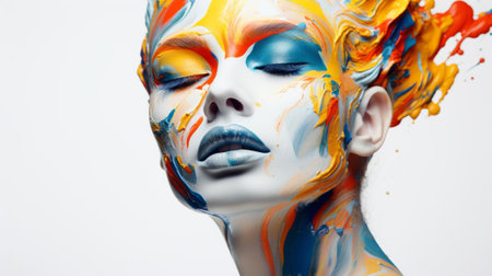 a woman face creatively adorned with a vibrant palette of flowing paint AI generatedの素材
