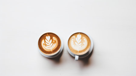 two cups of latte art coffee on a white surface top view AI generatedの素材