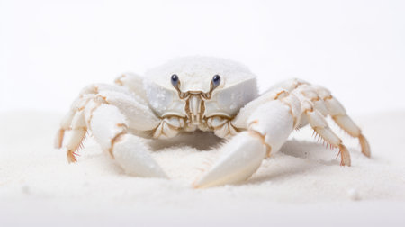 a close-up of a white crab on a sandy surface, emphasizing its detailed features and textures Ai generatedの素材