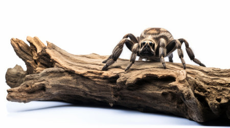 a close-up of a spider on a piece of driftwood against a white background. Ai generatedの素材