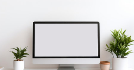workspace with a large monitor, flanked by two potted plants, against a white wall Ai generatedの素材