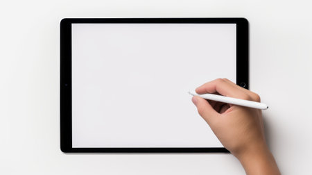 hand poised with a stylus over a digital tablet, set against a white background Ai generatedの素材