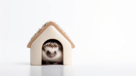 a cute hedgehog peeking out from a house-shaped structure, set against a white background Ai generatedの素材