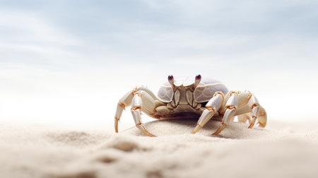a crab on a sandy beach under a clear sky, its detailed texture and colors beautifully contrasting Ai generatedの素材