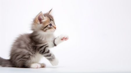 a playful kitten mid-pounce, with fluffy fur and focused eyes, set against a white background  Ai generatedの素材