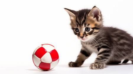 A playful kitten with striking markings is focused on a red and white ball Ai generatedの素材
