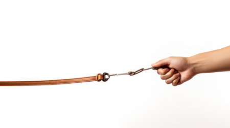 hand holding a leash, symbolizing the bond between humans and pets, set against a white background. Ai generatedの素材