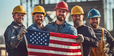 Construction Crew in Hardhats Holding American Flag at Job Site ai generateの素材