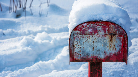 A rusty red mailbox is covered in snow, standing alone in a snowy field. ai generatedの素材