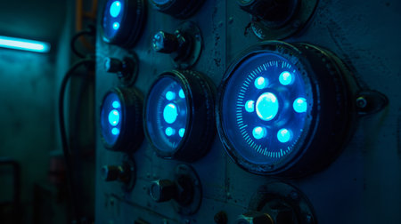 Close-Up of Blue LED Indicators on Factory Control Panels ai generatedの素材