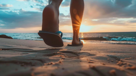 Close-up of Feet in Flip-Flops Walking on Sandy Beach with Ocean Background ai generatedの素材