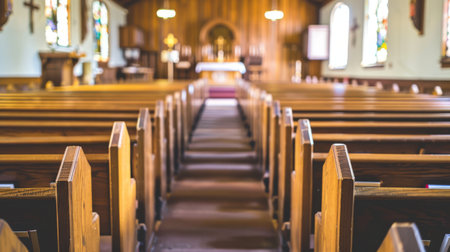 Church Interior with Rows of Empty Pews ai generatedの素材