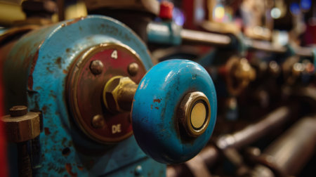 Close-up of blue industrial valve with worn paint. ai generatedの素材