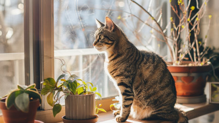 cat sitting by a window with sunlight streaming ai generatedの素材