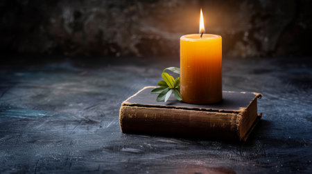 Bible with Lit Candle on Dark Background ai generatedの素材