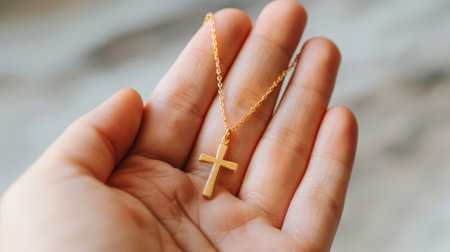 Close-Up of Hand Holding Cross Necklace Against Plain Background ai generatedの素材
