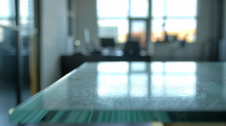 Clear Glass Table with Blurred Office Background ai generatedの素材