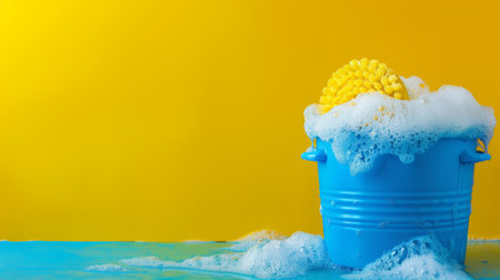 Bucket with Soapy Water and Scrub Brush on Yellow Surface ai generatedの素材