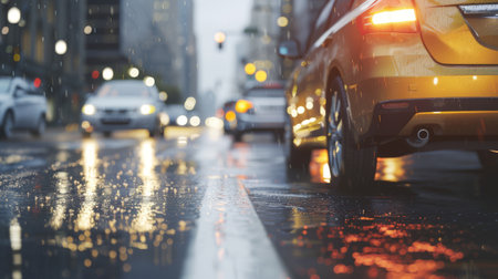 City Street with Cars Driving in the Rain ai generatedの素材