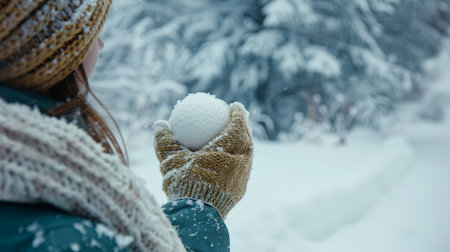 Woman holding snowball  snowy trees background. ai generatedの素材