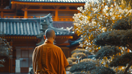 Monk praying at temple with blurred background ai generatedの素材