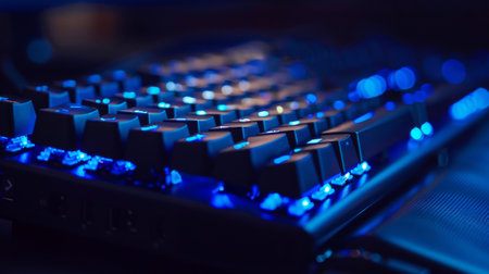 Blue LED lights illuminating a computer keyboard on dark background ai generatedの素材