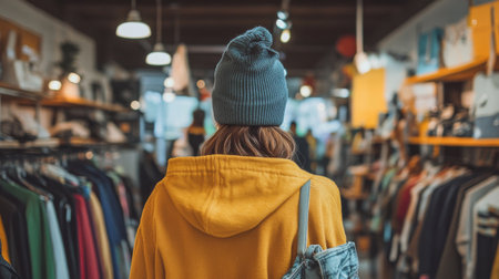 A cozy boutique scene featuring a woman in a yellow hoodie and beanie exploring stylish clothing options. Ideal for lifestyle and fashion themes.の素材
