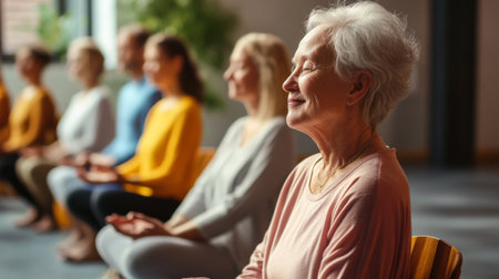 A serene elderly woman enjoys a moment of meditation in a group setting, embodying calm and mindfulness. This image captures the essence of relaxation and community support.の素材