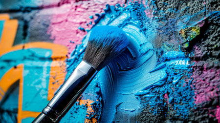 A striking close-up of a makeup brush dipped in vibrant blue paint, blending art and beauty. Ideal for showcasing creativity and colorful textures.の素材