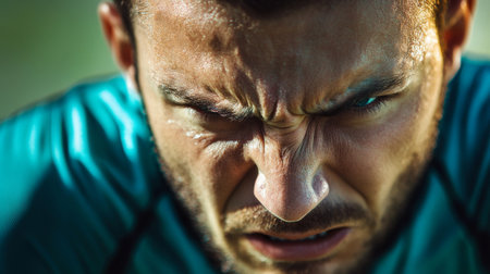 A close-up image capturing the intense reaction of a player, showcasing a fierce expression and emotional depth during competition. This portrait highlights determination and focus.の素材