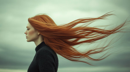A serene profile of a woman with long, wind-swept hair, set against a dramatic cloudy sky. The image captures beauty and tranquility in nature, evoking a sense of freedom and elegance.の素材