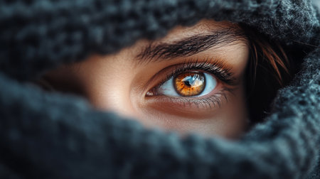 A close-up image of a human face partially covered by a blanket, showcasing an expressive eye with beautiful detail, evoking warmth and mystery.の素材