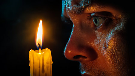 A poignant close-up captures a tear-streaked face, intensely staring at the flickering candlelight, conveying deep emotion and vulnerability in a dark atmosphere.の素材