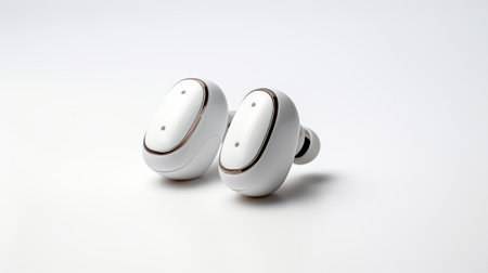 This image showcases a pair of modern wireless earbuds featuring a sleek design against a clean white background, perfect for highlighting technology and innovation in audio accessories.の素材
