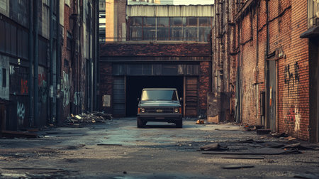 An atmospheric view of an industrial warehouse district featuring brick buildings and a parked vehicle, showcasing urban decay and gritty textures.の素材