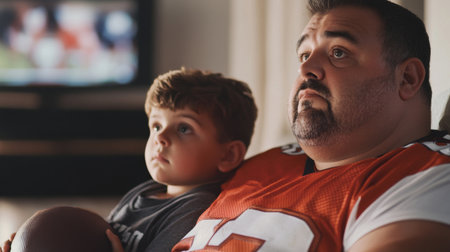 A loving father and his young son share a cozy moment watching football at home, showcasing a beautiful bond filled with joy and affection.の素材