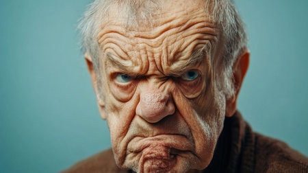 A close-up portrait of an elderly person displaying a strong expression of disgust. The deep wrinkles and intense gaze capture the raw emotion and experience of a lifetime.の素材