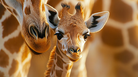 A heartwarming close-up of a baby giraffe standing beside its mother, capturing a tender moment in the wild. The vibrant colors and soft background highlight their beautiful bond.の素材