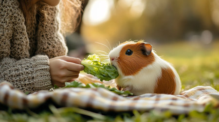 A person enjoys a peaceful picnic with their pet guinea pig, feeding it fresh lettuce in a serene outdoor setting filled with warm sunlight.の素材