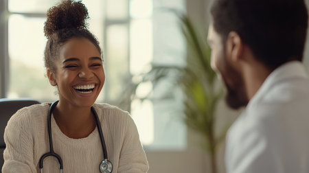 A joyful scene where a doctor and patient engage in a light-hearted conversation, showcasing trust and warmth in a healthcare setting.の素材