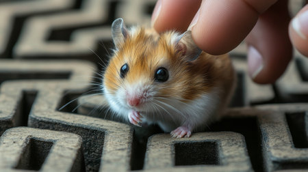 A cute hamster explores a maze game with human interaction. The close-up highlights the pet's curiosity and playful nature against a textured surface, showcasing a fun moment.の素材