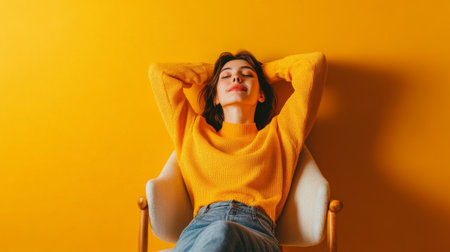A person leans back in a chair, arms relaxed behind their head, enjoying a moment of calm against a vibrant yellow background, radiating happiness.の素材