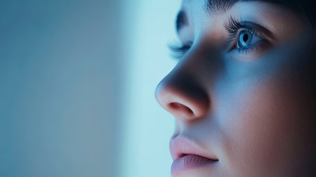 A detailed close-up of a patient's face during a video call, capturing the emotion and connection in telemedicine. The soft lighting emphasizes features and depth.の素材