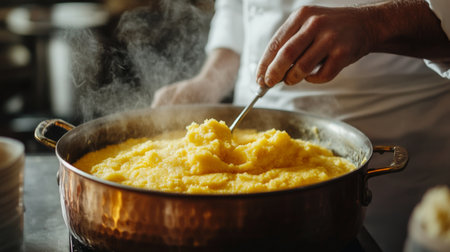 A chef skillfully stirs a creamy cornmeal mixture, creating polenta in a copper pot. The steam and texture highlight the culinary process, emphasizing tradition and warmth.の素材